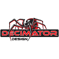 Decimator Design logo featuring a black widow spider.